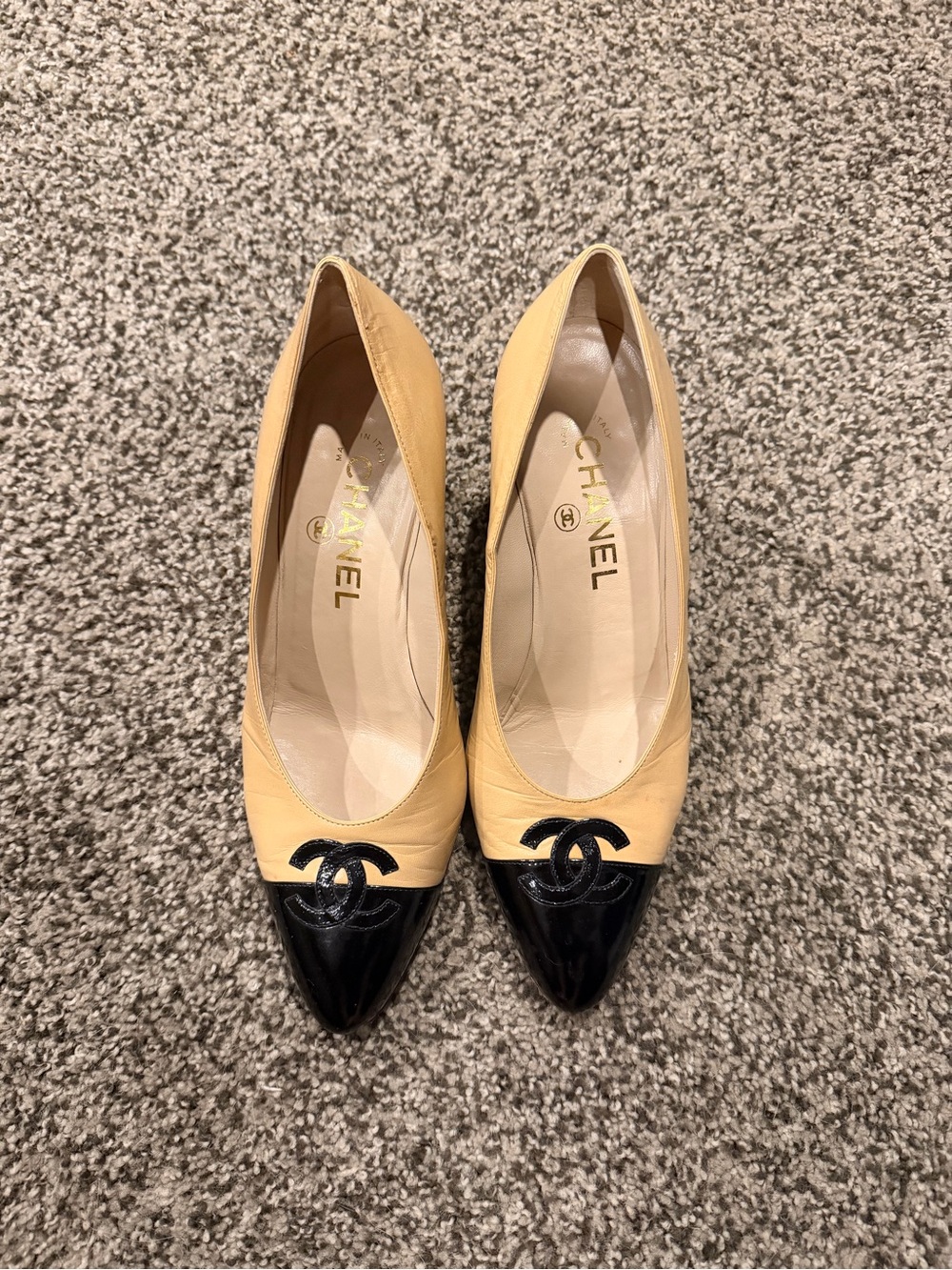 CHANEL Leather Pumps with Black Patent Cap Toe